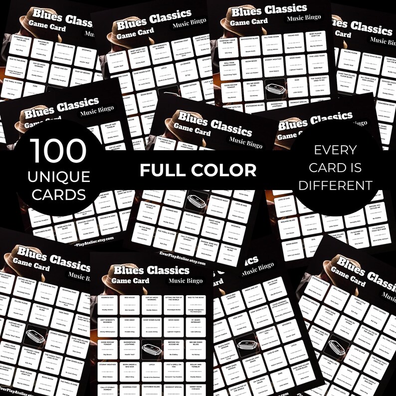 Pode incluir: Uma cole&ccedil;&atilde;o de cartelas de bingo musical "Blues Classics". Cada cart&atilde;o apresenta uma grade de quadrados com t&iacute;tulos de m&uacute;sicas e um gr&aacute;fico de um chap&eacute;u fedora e uma gaita. O texto nos cart&otilde;es diz "100 cart&otilde;es &uacute;nicos", "Cor total" e "Cada cart&atilde;o &eacute; diferente".