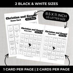 May include: Black and white Christian and Gospel Music Bingo game cards. The cards are 21.6 x 27.9 cm in size and feature various religious terms and symbols. The text "Christian and Gospel Game Card Music Bingo" is displayed at the top.