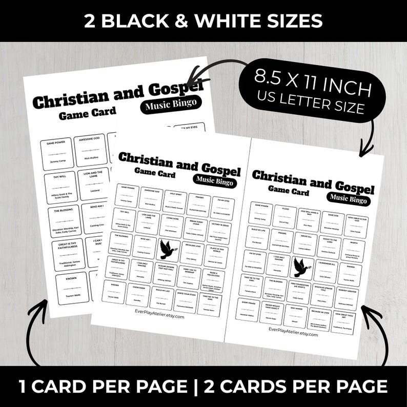 May include: Black and white Christian and Gospel Music Bingo game cards. The cards are 21.6 x 27.9 cm in size and feature various religious terms and symbols. The text "Christian and Gospel Game Card Music Bingo" is displayed at the top.