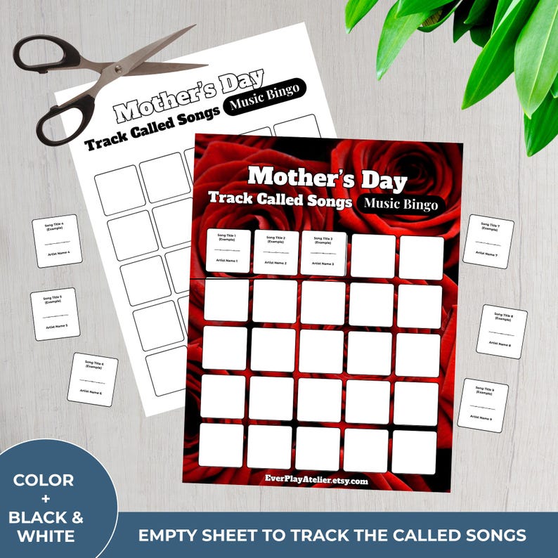 May include: A Mother's Day music bingo game with a red rose background. The game includes a bingo card, song title cards, and scissors. The text on the bingo card reads "Mother's Day Track Called Songs Music Bingo".