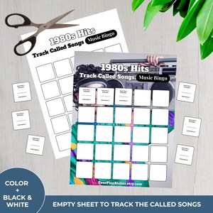 Puede incluir: Una hoja de juego de bingo musical 1980s Hits en blanco y negro con cuadrados en blanco para rastrear canciones. La hoja incluye el texto "Track Called Songs Music Bingo" y "Empty Sheet to Track the Called Songs". Hay unas tijeras al lado.