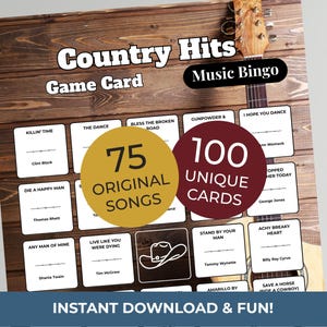 May include: A country music bingo game card with the text "Country Hits" and "Music Bingo." The card features song titles and artist names, with the text "75 Original Songs" and "100 Unique Cards." The background is a wooden texture.