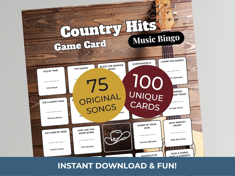 May include: A country music bingo game card with the text "Country Hits" and "Music Bingo." The card features song titles and artist names, with the text "75 Original Songs" and "100 Unique Cards." The background is a wooden texture.