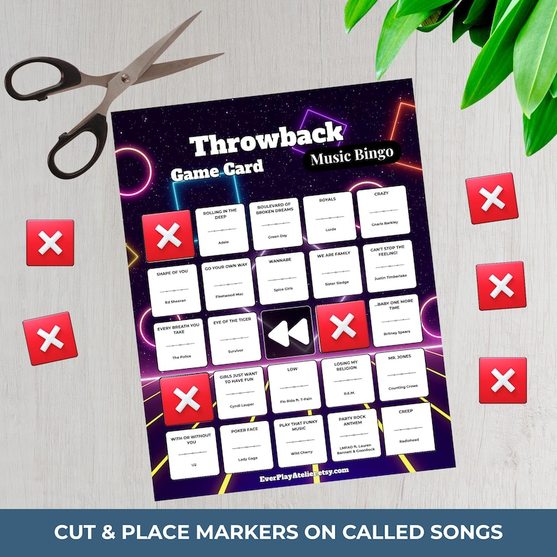 May include: A Throwback Music Bingo game card with song titles, red X markers, and scissors. The card has a purple and pink neon design. The text "Cut & Place Markers on Called Songs" is at the bottom.