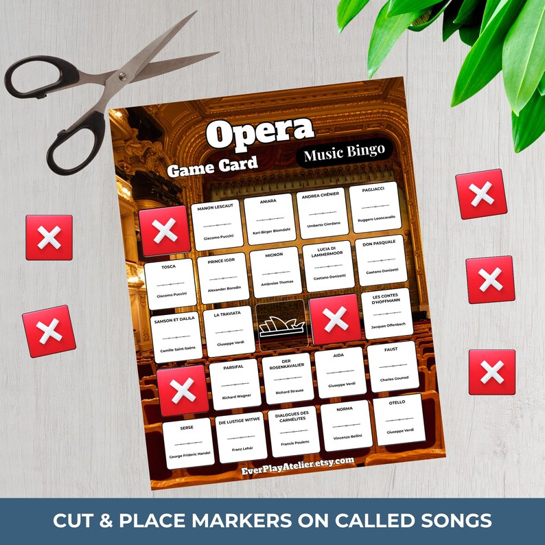 Op de afbeelding: Een "Opera Music Bingo" spelkaart met rode "X" markeringen en een schaar. De spelkaart bevat operatiitels en een achtergrondafbeelding van een operagebouw. De tekst "Opera Game Card Music Bingo" staat bovenaan.