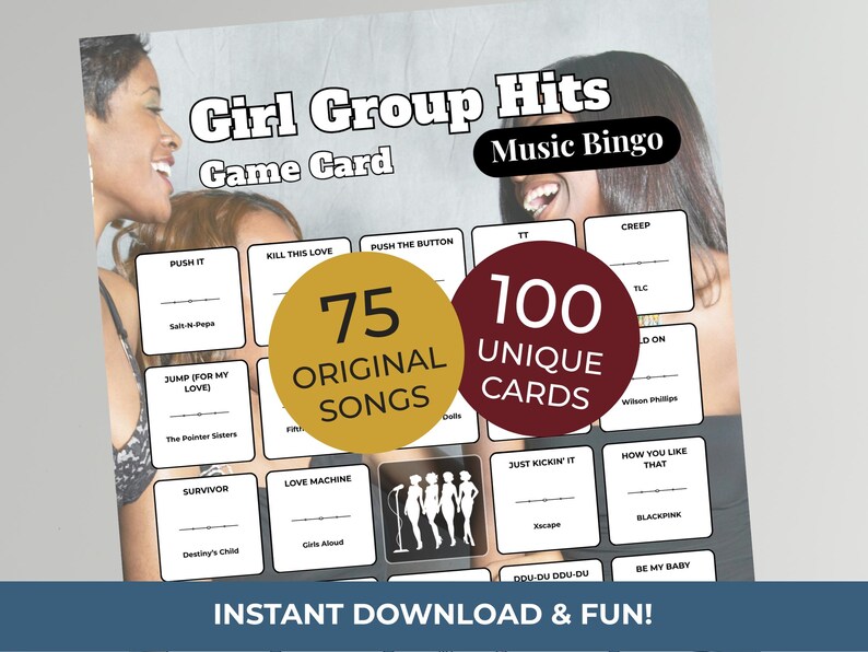 Girl Group MUSIC BINGO Party Game | 100 Printable Cards + 75 Songs & Spotify Playlist (Download) image 1