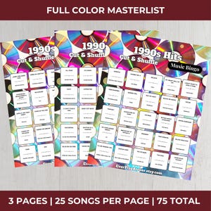 May include: Three sheets of 1990s music bingo cards with a colorful CD design background. Each card features song titles in small white boxes. The top text reads "1990s Cut & Shuffle" and "Music Bingo". The bottom text reads "3 PAGES | 25 SONGS PER PAGE | 75 TOTAL".