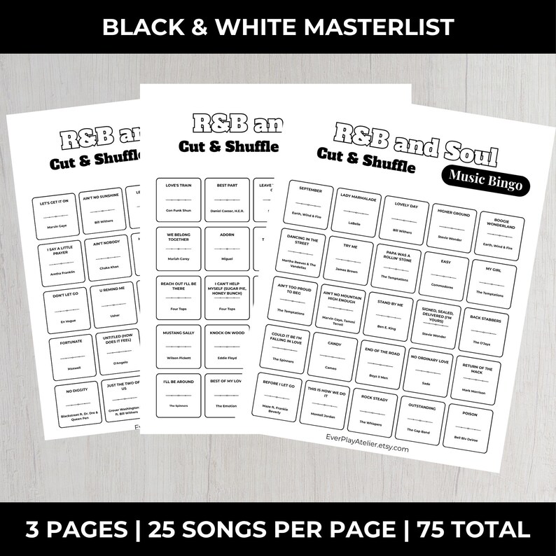 R&B + Soul • MUSIC BINGO Game • 100 Printable Cards • 75 Songs • Spotify Playlist (Digital Download) image 14