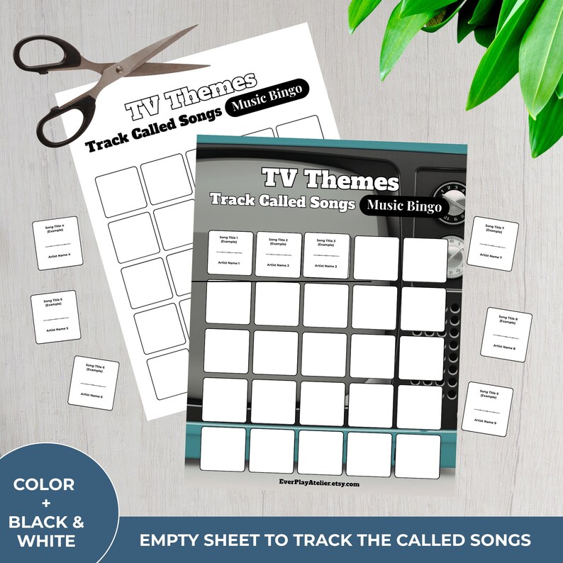 Puede incluir: Una hoja de juego de bingo musical de temas de TV en blanco y negro con cuadrados en blanco para rastrear las canciones llamadas. Incluye peque&ntilde;as tarjetas para los t&iacute;tulos de las canciones y los nombres de los artistas, y unas tijeras.