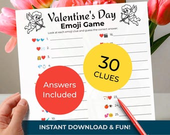 VALENTINE'S DAY Emoji Game & Group Presentation Pictionary Trivia Quiz (2-in-1!) • 30 Clues • Printable Cards