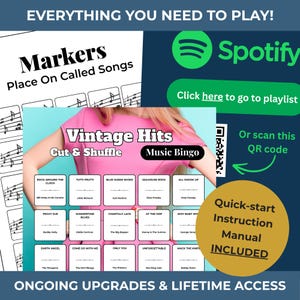 May include: A promotional image for a music bingo game. The image features the text "Vintage Hits Music Bingo" with a list of song titles. The image also includes a Spotify logo, a QR code, and the text "Quick-start Instruction Manual INCLUDED."
