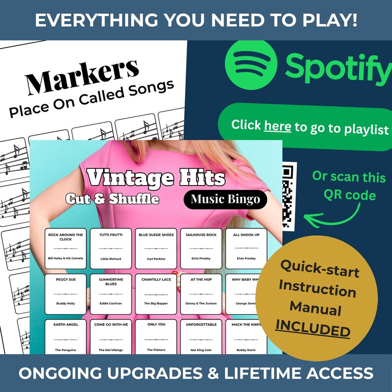 May include: A promotional image for a music bingo game. The image features the text "Vintage Hits Music Bingo" with a list of song titles. The image also includes a Spotify logo, a QR code, and the text "Quick-start Instruction Manual INCLUDED."