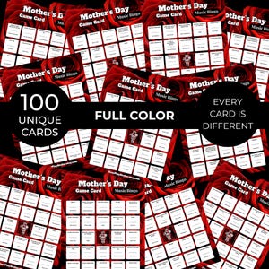 May include: A collection of Mother's Day Music Bingo game cards. Each card is full color and unique, with 100 unique cards in total. The cards are set against a background of red roses.