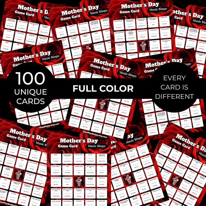 May include: A collection of Mother's Day Music Bingo game cards. Each card is full color and unique, with 100 unique cards in total. The cards are set against a background of red roses.