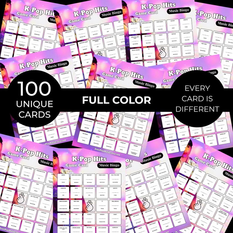 Pu&ograve; includere: Una collezione di cartelle del gioco del bingo musicale K-Pop Hits. Ogni cartella &egrave; a colori e unica, con un totale di 100 cartelle uniche. Le cartelle hanno uno sfondo sfumato rosa e viola con il testo "K-Pop Hits" e "Music Bingo".