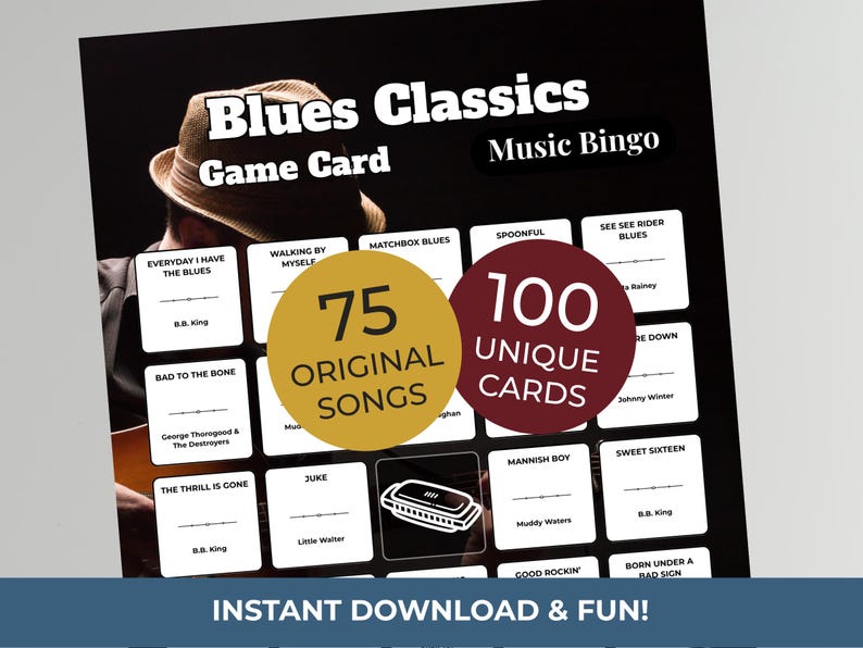 Pode incluir: Cart&atilde;o de jogo Blues Classics Music Bingo com 75 m&uacute;sicas originais e 100 cartas exclusivas. O jogo apresenta t&iacute;tulos de m&uacute;sicas e nomes de artistas em cart&otilde;es individuais. O fundo &eacute; preto com uma pessoa usando um chap&eacute;u e tocando guitarra.