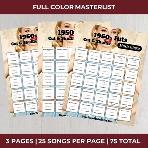 May include: Three vintage-style music bingo game sheets with a 1950s theme. Each sheet features a retro image of a woman and a grid of song titles. The text includes "1950s Hits Music Bingo" and "Cut & Shuffle".