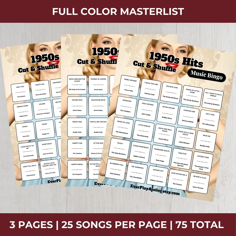 May include: Three vintage-style music bingo game sheets with a 1950s theme. Each sheet features a retro image of a woman and a grid of song titles. The text includes "1950s Hits Music Bingo" and "Cut & Shuffle".