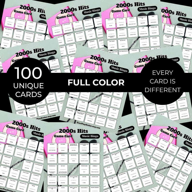 May include: A collection of 2000s Hits Music Bingo game cards. Each card is full color and unique, with the text "100 UNIQUE CARDS" and "EVERY CARD IS DIFFERENT". The cards have a pink and gray color scheme.