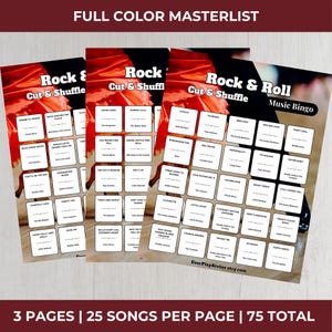 May include: A set of three Rock & Roll Music Bingo cards. The cards have a red and white design, with song titles and artist names. The text "Rock & Roll Music Bingo" is displayed, with the Etsy shop URL at the bottom of the image.