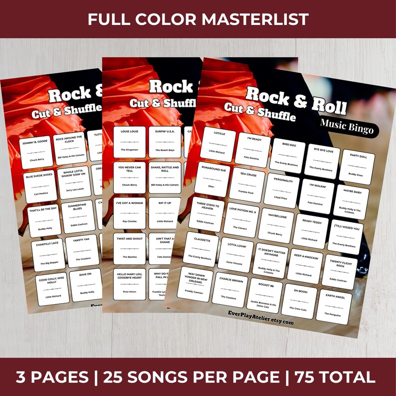 May include: A set of three Rock & Roll Music Bingo cards. The cards have a red and white design, with song titles and artist names. The text "Rock & Roll Music Bingo" is displayed, with the Etsy shop URL at the bottom of the image.
