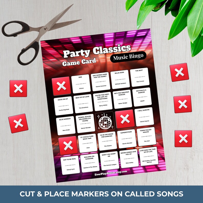 May include: A Party Classics Music Bingo game card with red X markers and scissors. The game card features song titles and a disco ball graphic. The text "Cut & Place Markers on Called Songs" is at the bottom.