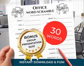 OFFICE Word Scramble Game • 30 words • Group Trivia Quiz (included!) • Printable Puzzle (Digital Download)