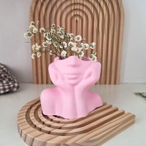 Könnte beinhalten: Eine rosa, gesichtsformige Vase mit weißen Blumen, die auf einem hölzernen, gewölbten Sockel steht. Die Vase ist der Mittelpunkt, mit einem hölzernen, gewölbten Hintergrund. Die Gesamtästhetik ist minimalistisch und dekorativ.