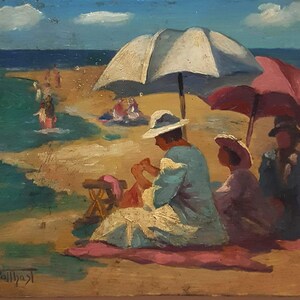 Puede incluir: Pintura impresionista de una escena de playa. Figuras sentadas bajo sombrillas, otras en el agua. La obra utiliza azules, rosas y tonos arena, capturando un día soleado en la costa. La pintura está firmada en la esquina inferior izquierda.