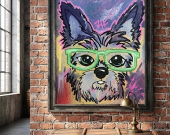 Original Pop Art Yorkie Painting, 9x12 Canvas, Galaxy Dog Wall Art