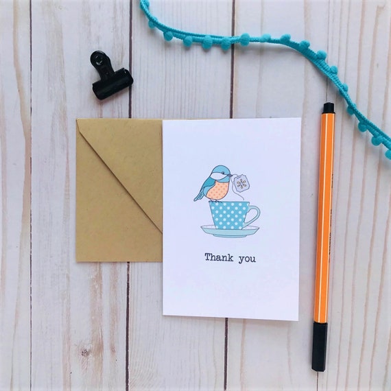 Birdie Teacups Thank You Note Cards Folded Card Set Teacher Gift Pen Pal Gift Stationery Set Of 4 - 