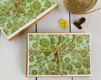 Green Flowers Note Cards Set - Set of 10 Note Cards with envelopes - Handmade Stationery Set - Snail Mail - Pen pals - Mother's Day