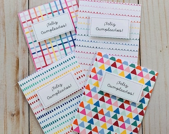 Spanish Birthday Cards - Set of 4 Birthday Assorted Cards - ¡Feliz Cumpleaños! - Watercolor Rainbow Patterns