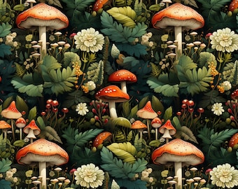 Mushroom Forest Fabric, Sold by 1/2 Yard - Cut Continuous, 100% Cotton Fabric