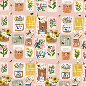 May include: A repeating pattern on a light pink background featuring illustrations of brown bears, jars labeled HONEY BEE filled with flowers, honey dippers in jars, woven baskets of sunflowers, and small bees flying between the various motifs.