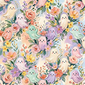 May include: A repeating pattern featuring small, smiling ghosts in shades of white, mint green, lavender, and soft pink, interspersed with thick, textured oil-style painted flowers in peach, yellow, purple, and pink on a light blue background.