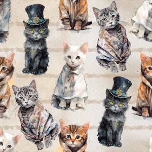 Peut inclure: Un motif répétitif de chats à l'aquarelle sur fond beige. Les chats sont représentés portant diverses tenues, notamment des hauts-de-forme noirs avec des roses jaunes, des châles à motifs floraux et des vestes à capuche orange et blanc.