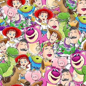 May include: A colourful pattern featuring characters from the animated film series, Toy Story. The design includes Woody, Buzz Lightyear, Jessie, Rex, Hamm, Lotso, and other recognizable characters in a repeating arrangement.