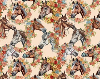 Floral Horse Fabric,  Sold by 1/2 Yard - Cut Continuous, 100% Cotton Fabric