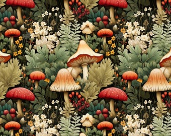 Mushroom Forest Fabric, Sold by 1/2 Yard - Cut Continuous, 100% Cotton Fabric