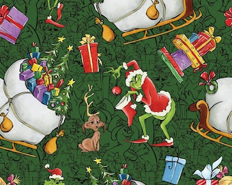 The Grinch Christmas Fabric, Sold by 1/2 Yard - Cut Continuous, Festive Holiday Fabric, Christmas Fabric, Anime Cartoon Fabric, 100% Cotton