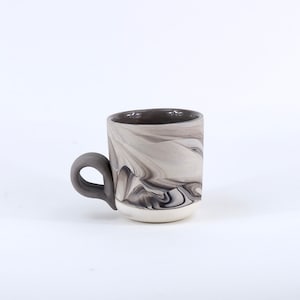 Unique Ceramic Mug with Ergonomic Handle - Marbled Black and White Slip Cast Porcelain. Handmade Pottery.