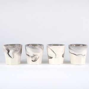 Set of 4 -3oz Espresso/Whiskey Glasses Handmade ceramic cups. Marbled Pottery. Black and White Porcelain. Modern Pottery