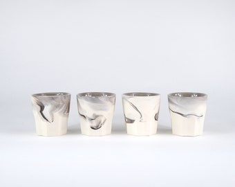 Set of 4 -3oz Espresso/Whiskey Glasses Handmade ceramic cups. Marbled Pottery. Black and White Porcelain. Modern Pottery