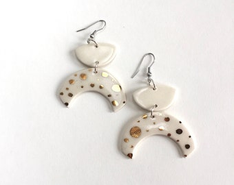 White and Gold Polka Dot Drop Earrings. Handmade Ceramic Jewelry