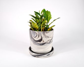 Handmade Ceramic Planter with Marbled Black & White Porcelain Clay. One-of-a-Kind Modern Home Decor/ Functional Art.