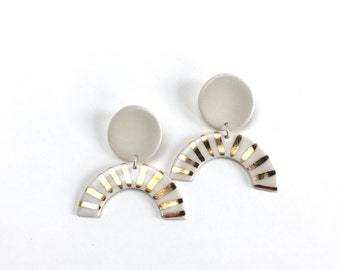 Handmade Ceramic Earrings, Gold Stripe Studs. Porcelain and 22K Gold