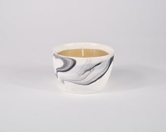 Small Translucent Porcelain Beeswax Candle. Handmade Ceramic Candle Holder with Marbled Clay. Modern Housewarming Gift.