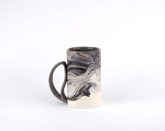 Large Coffee Mug. Modern Ceramic Mug. Unique Handmade Pottery. Marbled Black and White Porcelain. Gift idea. Modern Kitchen.