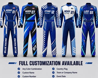 Op maat gemaakt blauw racepak, gepersonaliseerde kartoverall, naam, nummer, logo, vlag, team motorsport outfit